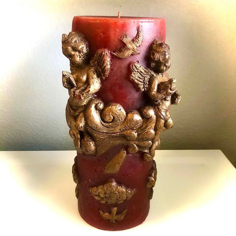 MAC Sculpture California XLG Sculpted Cherub Angel Pillar Candle Burg Gold 15x9